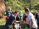 Eltern und Kinder genießen Äpfel frisch vom Baum