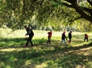 Eltern und Kinder genießen Äpfel frisch vom Baum