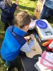 Eltern und Kinder genießen Äpfel frisch vom Baum